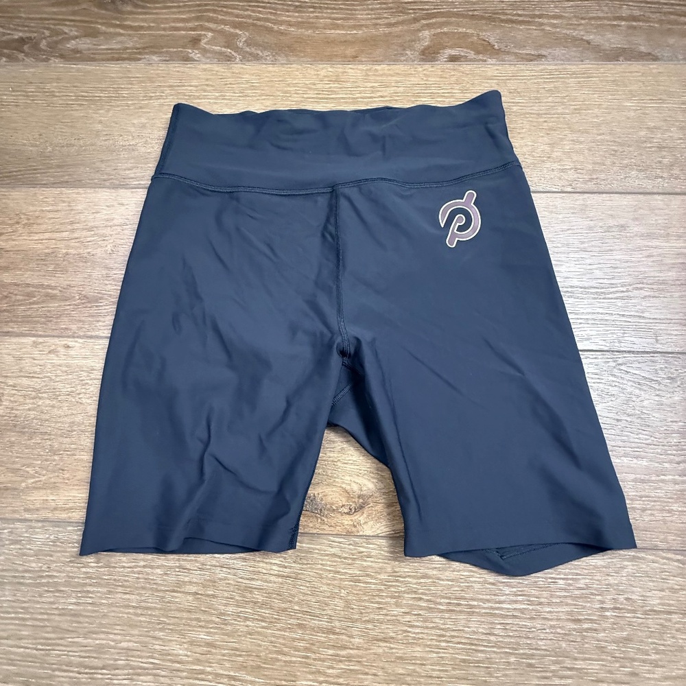Peloton Women's High-Rise Wide Waistband Bike Shorts, Black, Logo, Athletic XL